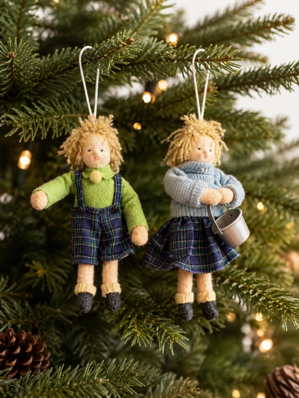 Vintage Handmade Jack & Jill Doll Ornament Set Plaid Folk Art Christmas